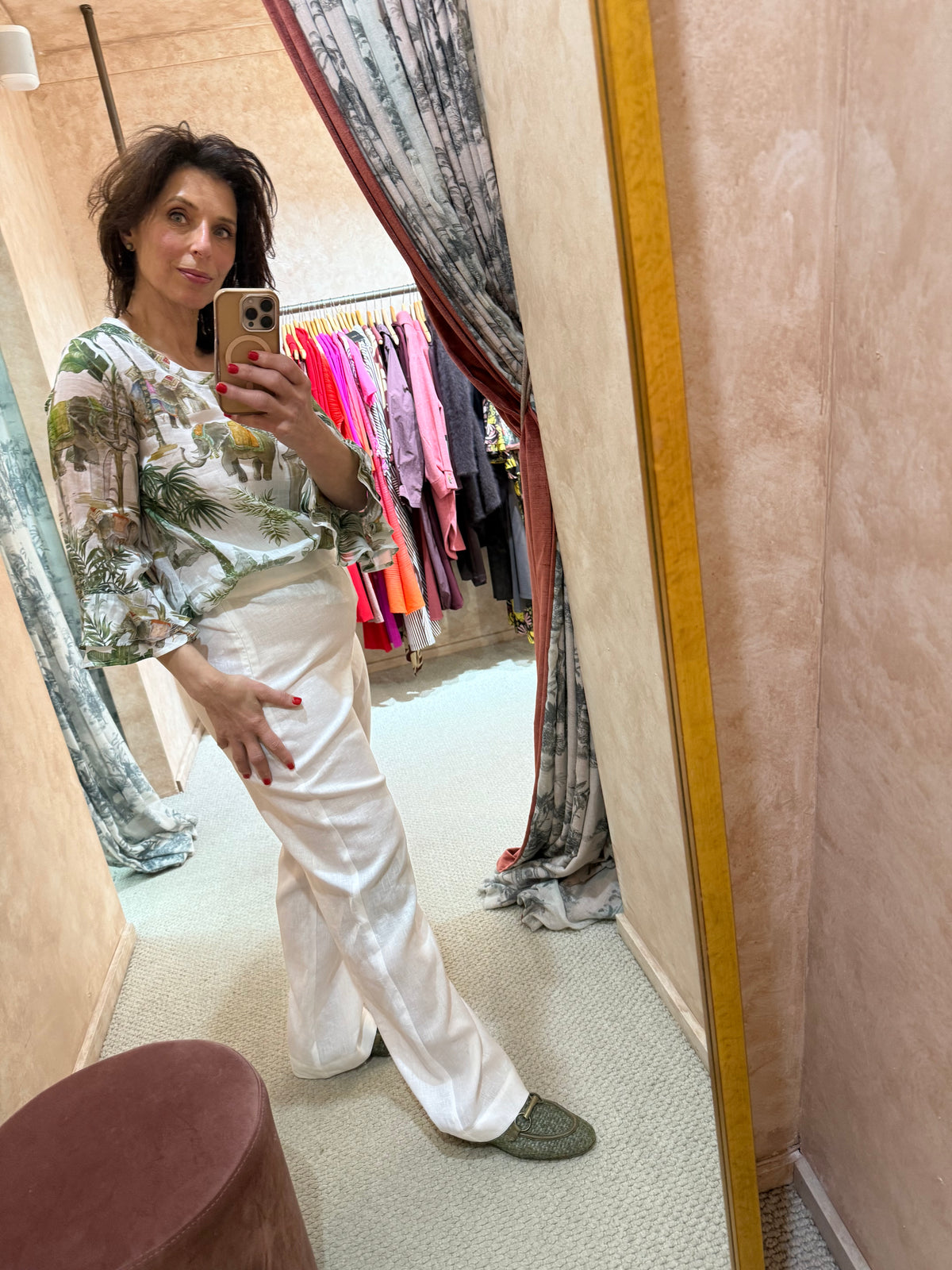 Full length white linen pant with side zip and elastic waist